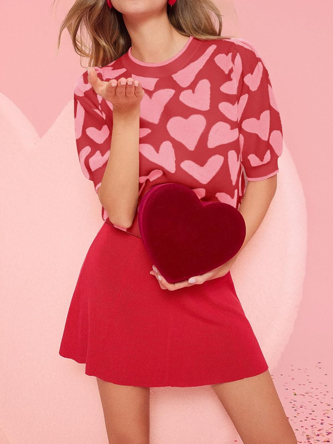 Saodimallsu Womens Puff Short Sleeve Heart Sweater Valentines Crew Neck Graphic Knit Pullover Crop Tops - Image 4