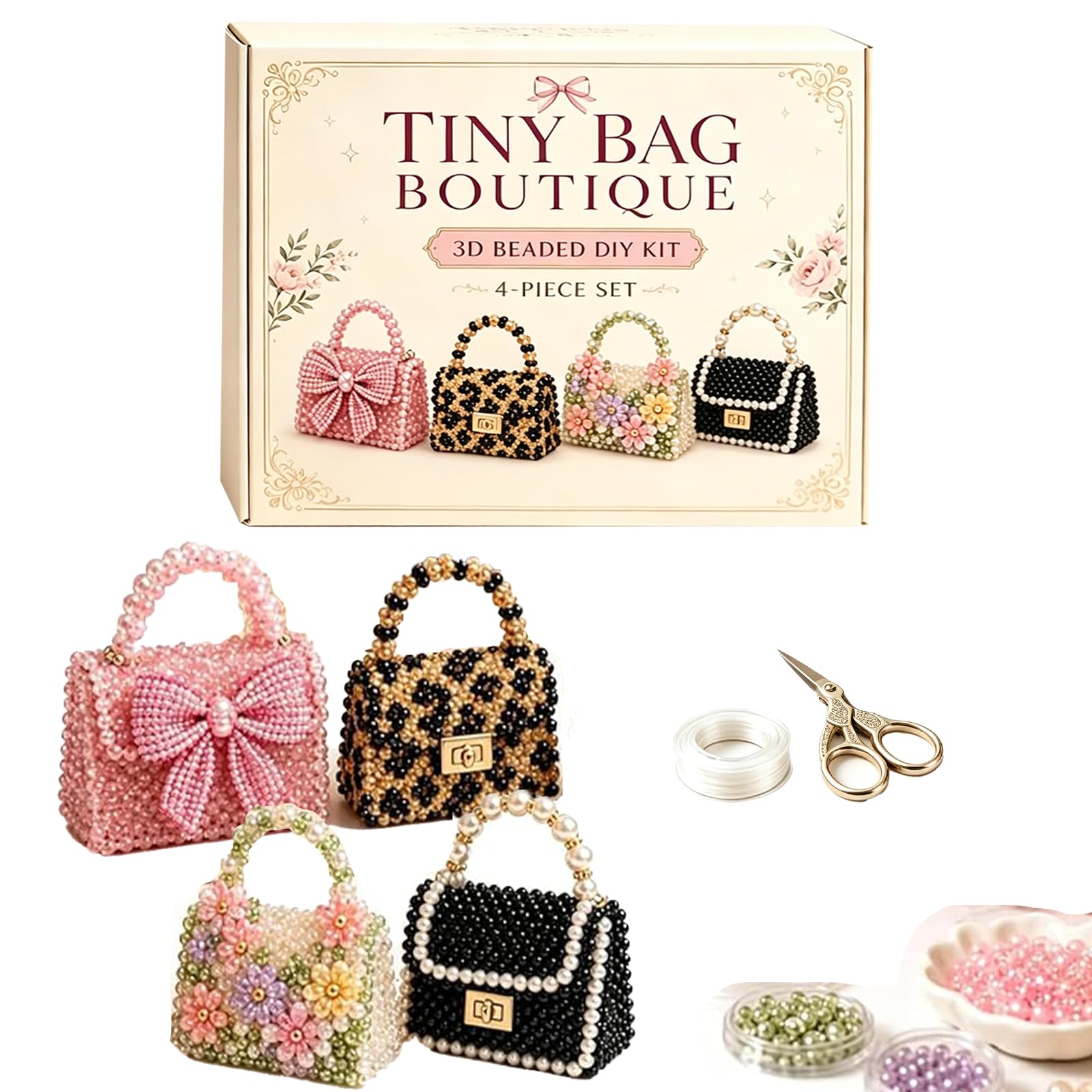 3D Beaded Mini World DIY Craft Kit, Animal & Fashion Beading Set with 7 Themes, Complete Jewellery Making Gift for Hobby Crafters (Mini Handbags)