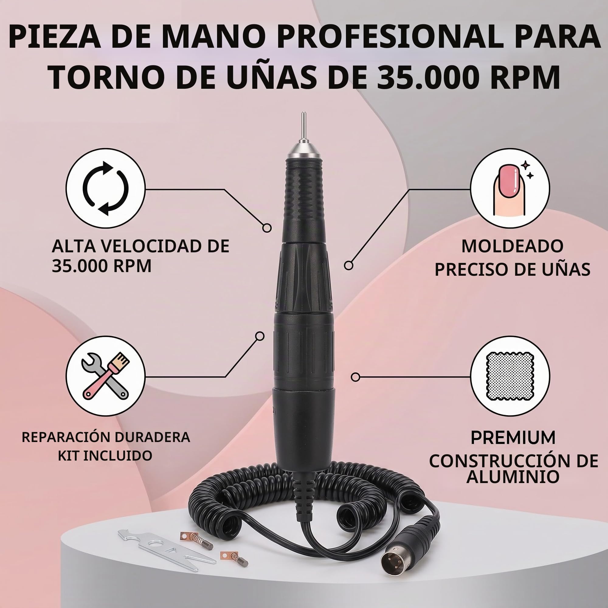 Mango de Taladro de Uñas Eléctrico de 35000 RPM, Máquina Pulidora Profesional, Bolígrafo de Repuesto, Amoladora, Pieza de Mano, Kit Portátil para Pulir Manicura y Pedicura, Negro