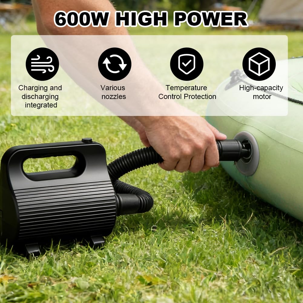 Elektryczna pompka powietrza 400 W-600 W, przenośna 4 dysze, pompka powietrza do bardzo szybkiego pompowania materacy, basenów, pomocy w pływaniu i materacy (AC220-240 V)