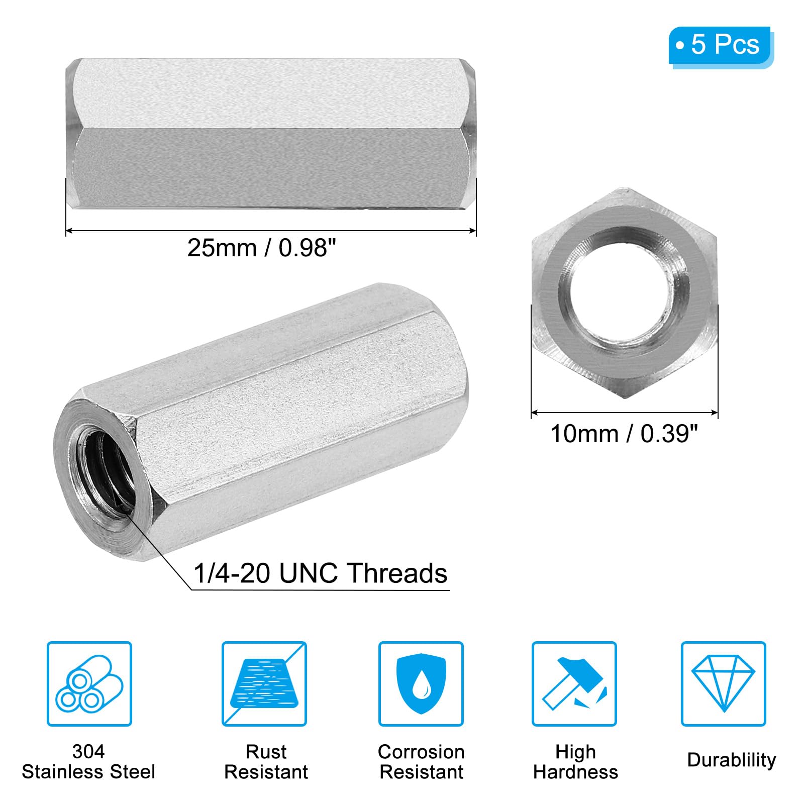 PATIKIL 1/4"-20 UNC 304 Stainless Steel Hex Coupling Nuts - Image 2