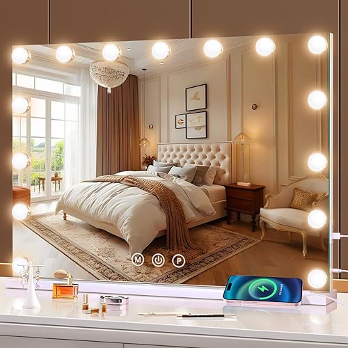 Vanity Makeup Mirror with Lights, Light Up Mirror with Smart Touch 3 Colors Dimmable, Tabletop or Wall-Mounted, Memory Function