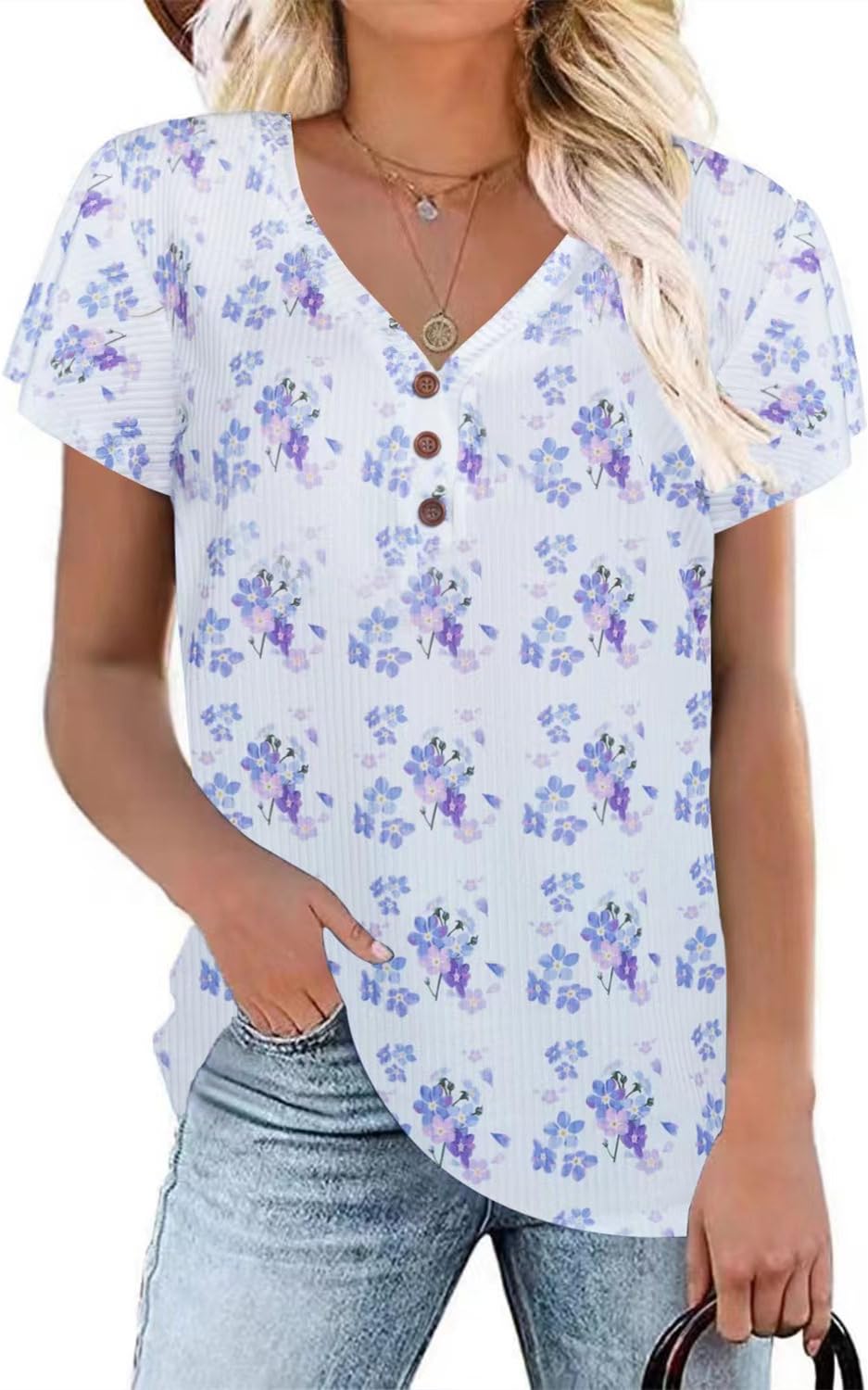 Xpenyo Blusa de verano para mujer, con botones, estilo Henley, casual, con volantes, manga corta, cuello en V, camiseta sin mangas