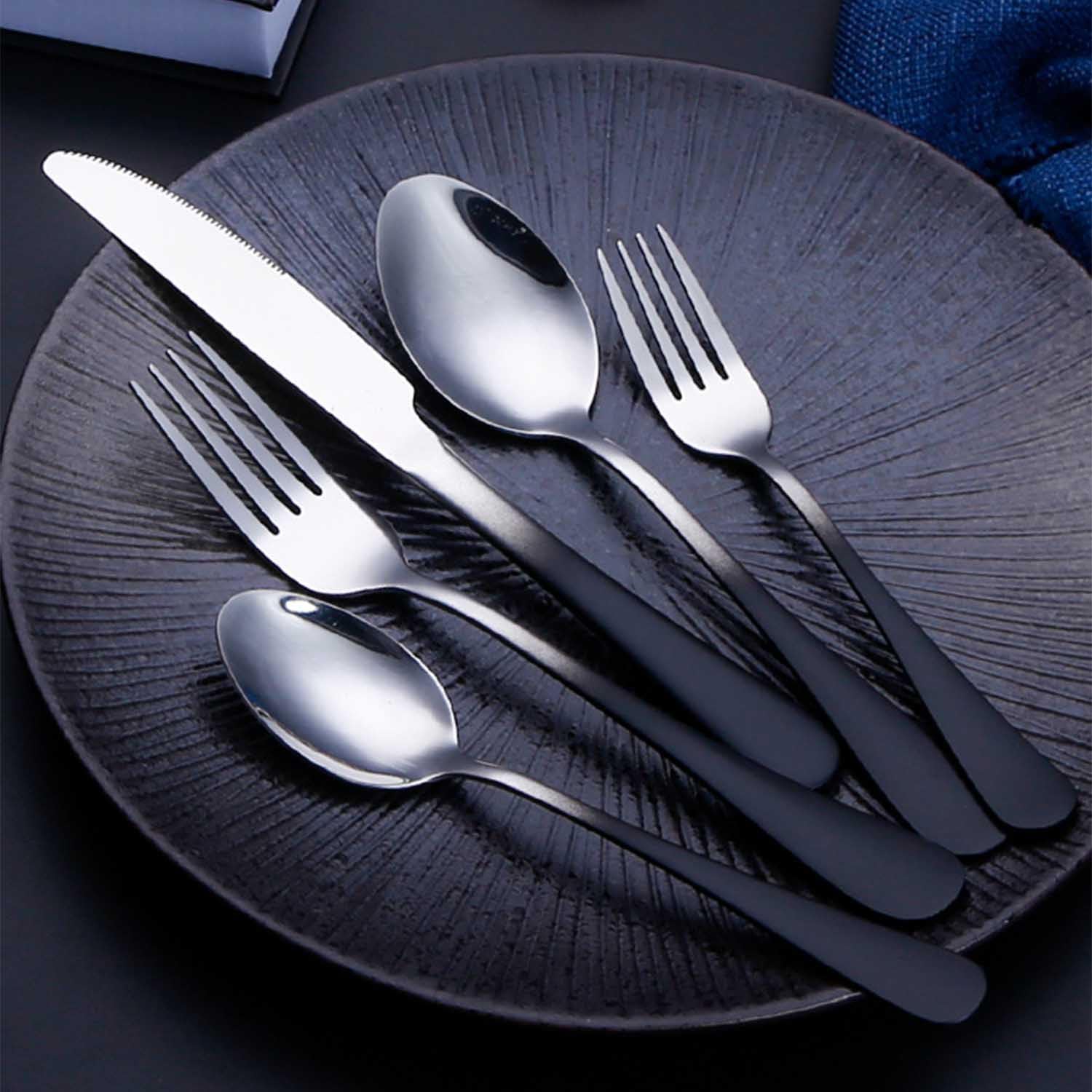 6 Personen Besteck Set 30-teilig, 304 Edelstahl, Matt-Schwarz Griff, Hochglanzpoliert Silber