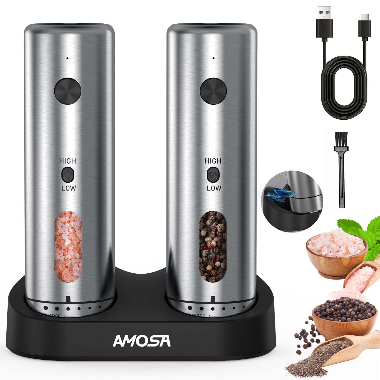 Electric Salt and Pepper Grinder Set, Upgraded 2-Speed Setting, External 6 Adjustable Coarseness, Battery Rechargeable Base, Stainless Steel Automatic Salt & Pepper Shakers Mill with LED Light