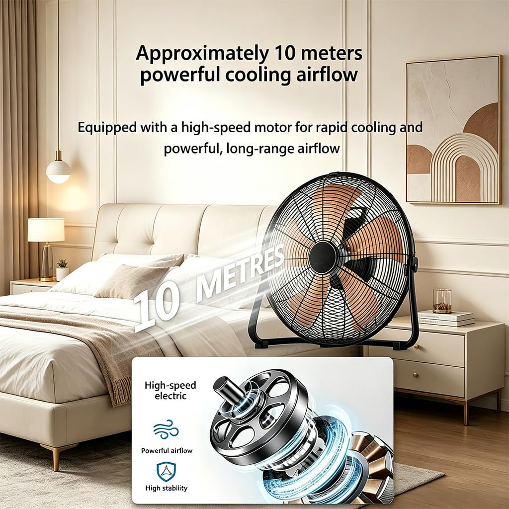Ventilador Industrial Suelo con Estructura Metálica y 5 Aspas, Rotación de 130° para Talleres y Fábricas, Gran Flujo de Aire y Portabilidad (Negro,12 pulgadas)