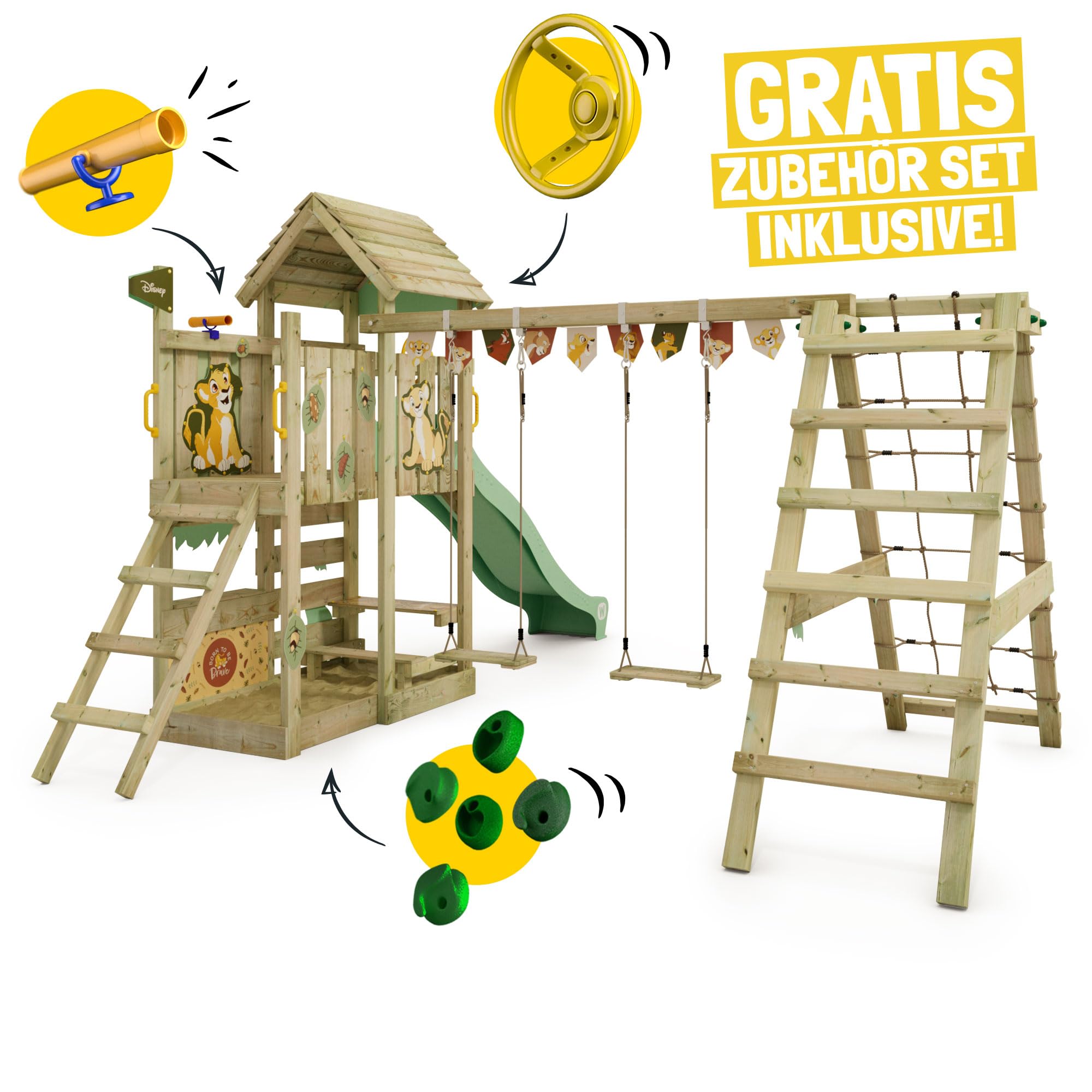 Disney's Der König der Löwen Story Spielturm von Wickey - Klettergerüst, Kletterturm, Gartenspielgerät für Kinder - Outdoor Garten Spielplatz aus Holz mit Sandkasten