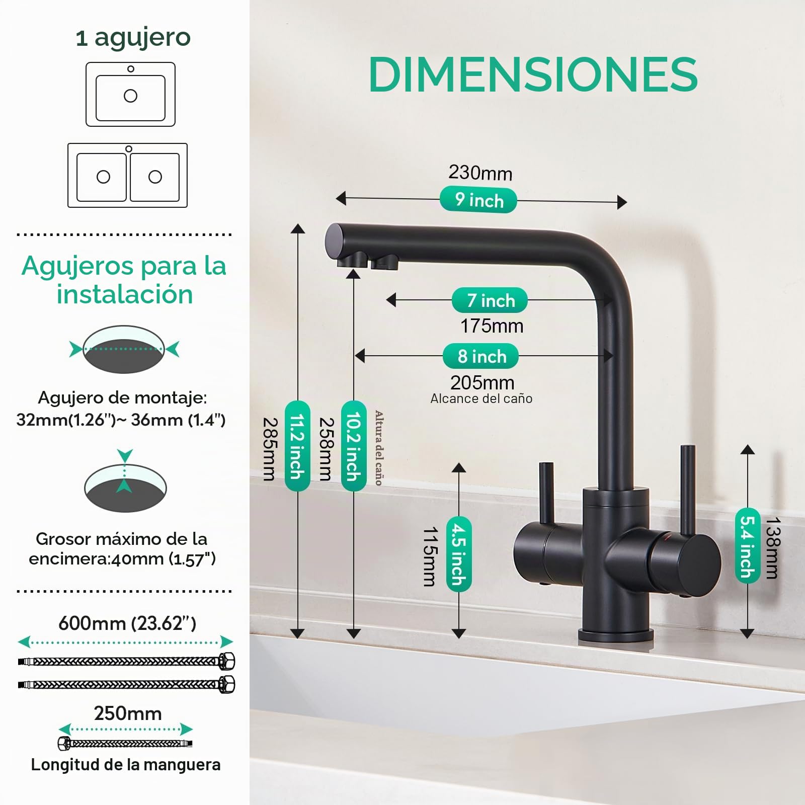 CREA Grifo de Cocina de Baja Presión, Grifo de Cocina 3 Vías | Grifo Cocina 3 Vías para Ósmosis Agua Fría y Filtrada, Fregadero con 2 palancas, Giratorio 360°, Negro Mate