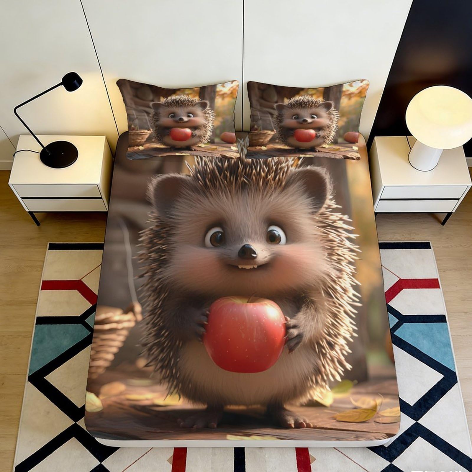 3D Printed Cute Hedgehog Fitted Sheet Microfiber Soft Brown Cartoon Animal Bed Cover for Bedroom Dorm Decor Easy Care 90x200x25cm