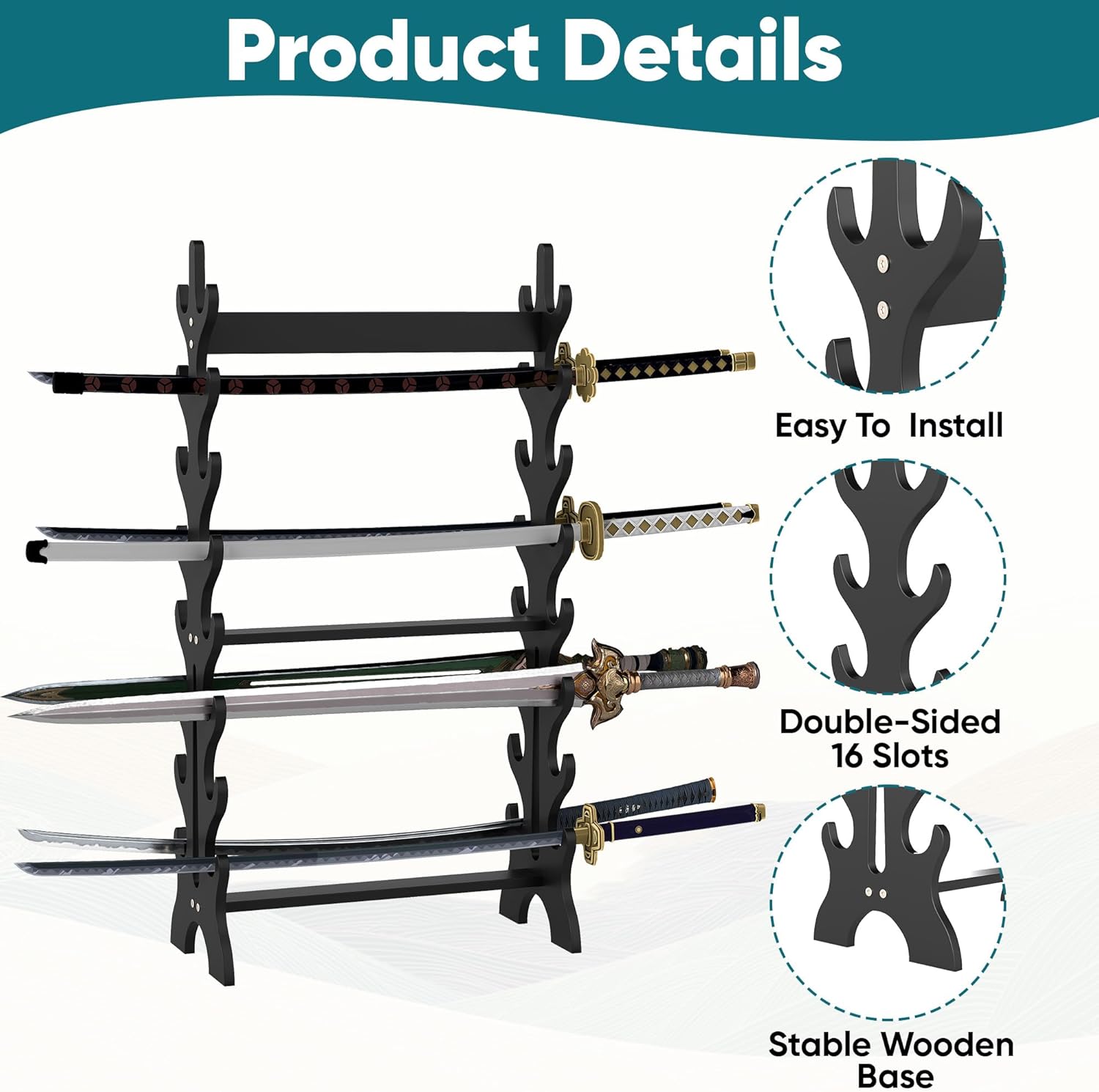 lukar 8 Tier Double Side Sword Stand Floor, Wooden 16 Sword Rack Floor Standing, Holds Up to 16 Swords, Black Samurai Sword Stand, Katana Display Stand
