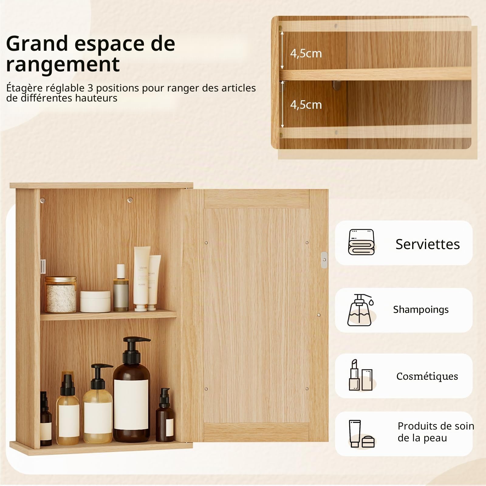 GIANTEX Armoire Murale avec Mirror, Meuble Salle de Bain Rangement avec Étagère Réglable & 2 Compartiments, Placard de Rangement pour Toilette, Salon, 34 x 15 x 53 cm (Naturel)