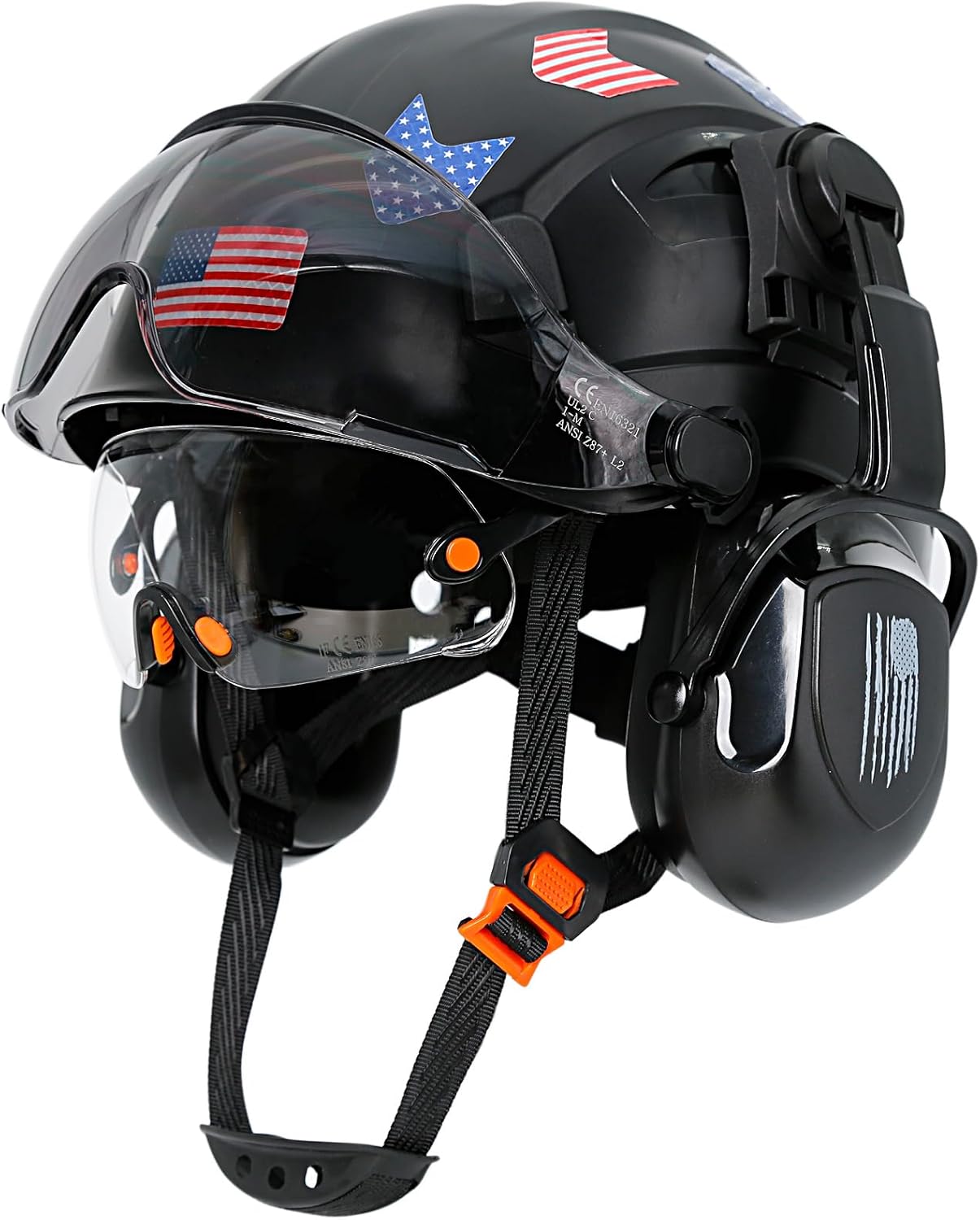 Black Hard Hat with Double Visor and Earmuffs - Vented Hard Hats Construction OSHA Approved with Safety Glasses, ANSI Z89.1 Safety Helmet with Chin Straps Eye and Hearing Protection for Men Worker