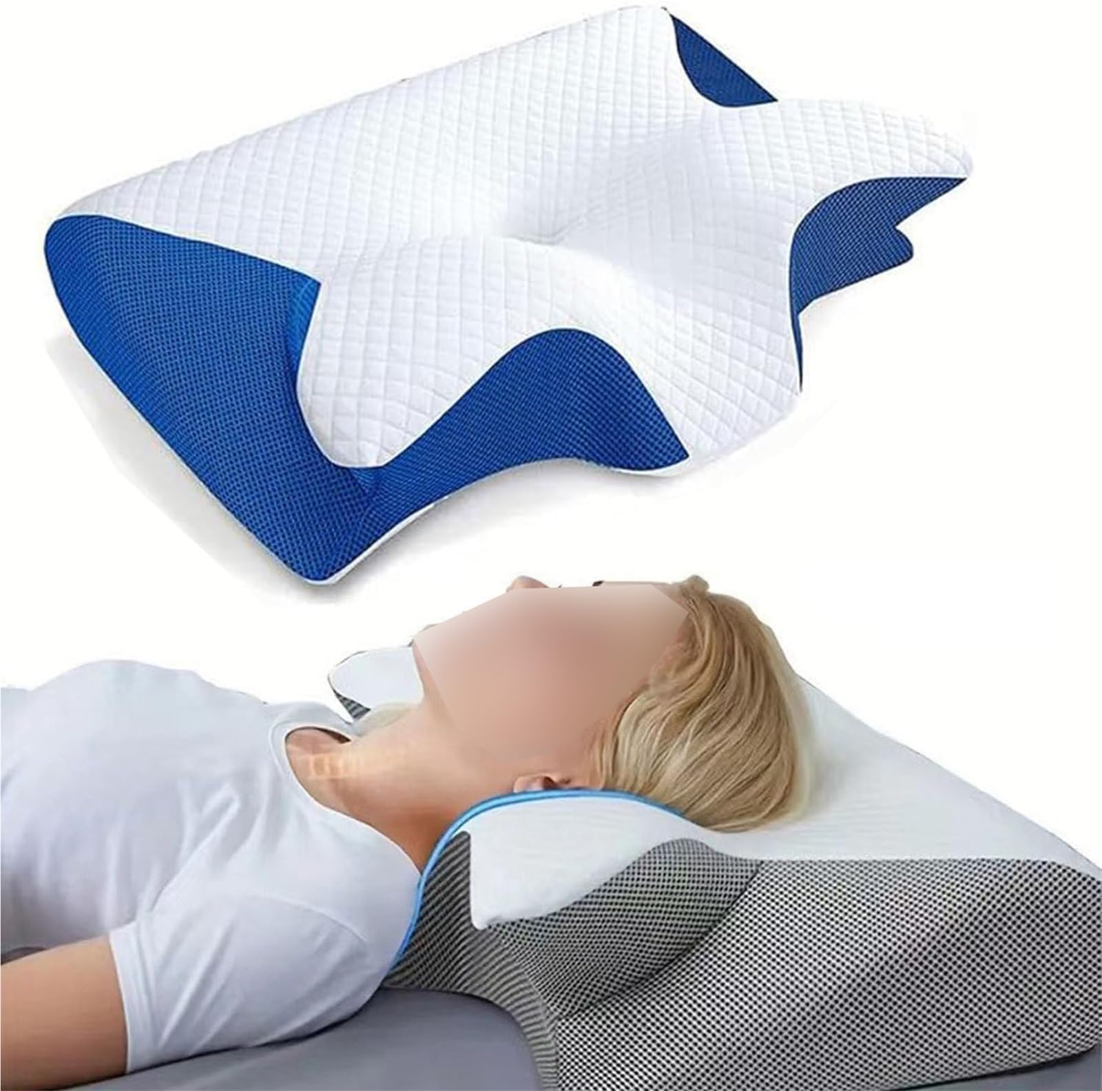 Oreiller cervical ergonomique bleu pour dormeurs sur le côté