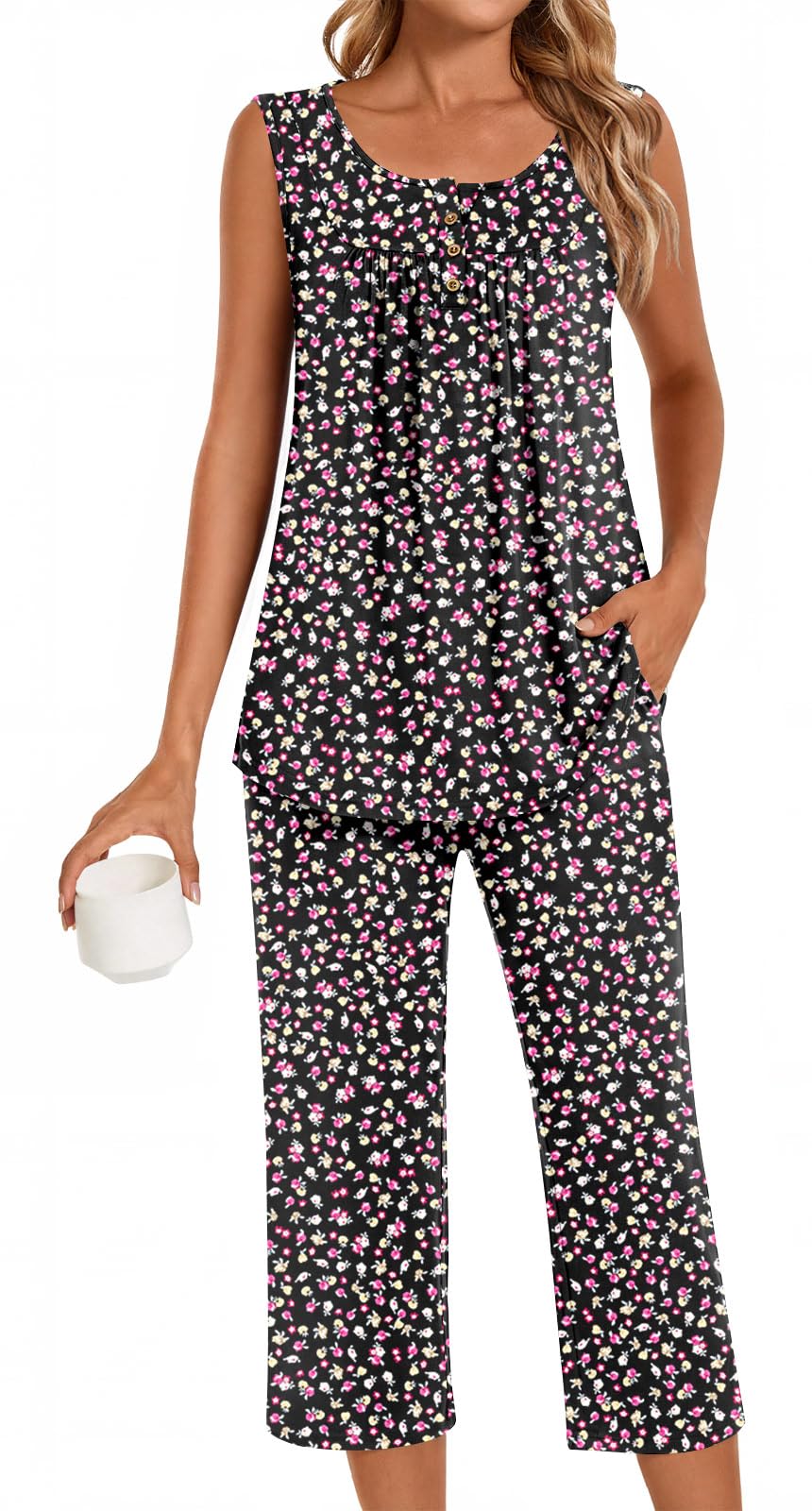 Bestbee Women's Sleeveless Pajama Sets 2 Piece Sleepwear Summer Lounge Outfits Henley Tanks Capri Pants Ladies Pjs