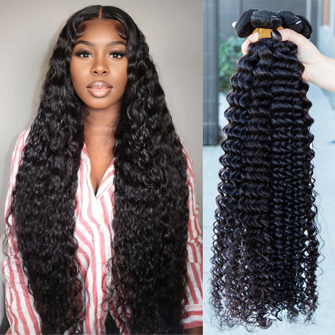 Beaufox Hair Deep Wave Human Hair Bundles 24 26 28 30 Inch 100% Unprocessed Brazilian Virgin Remy Hair Deep Curly 4 Bundles Human Hair Double Weft