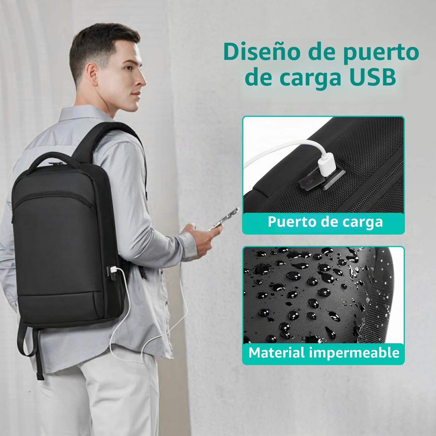 Mochila Ordenador Portatil 15.6 Pulgadas Mochila Hombre Trabajo Impermeable Antirrobo con Puerto de Carga USB para Oficina Universidad Escuela Viajes Negocios-Negro