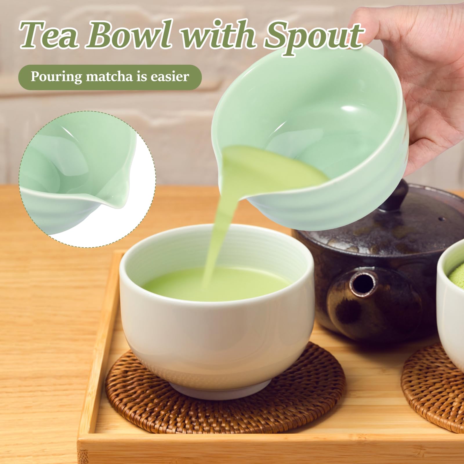 Handgemaakte Japanse Matcha Bowl met schenktuit, aardewerk theekom voor