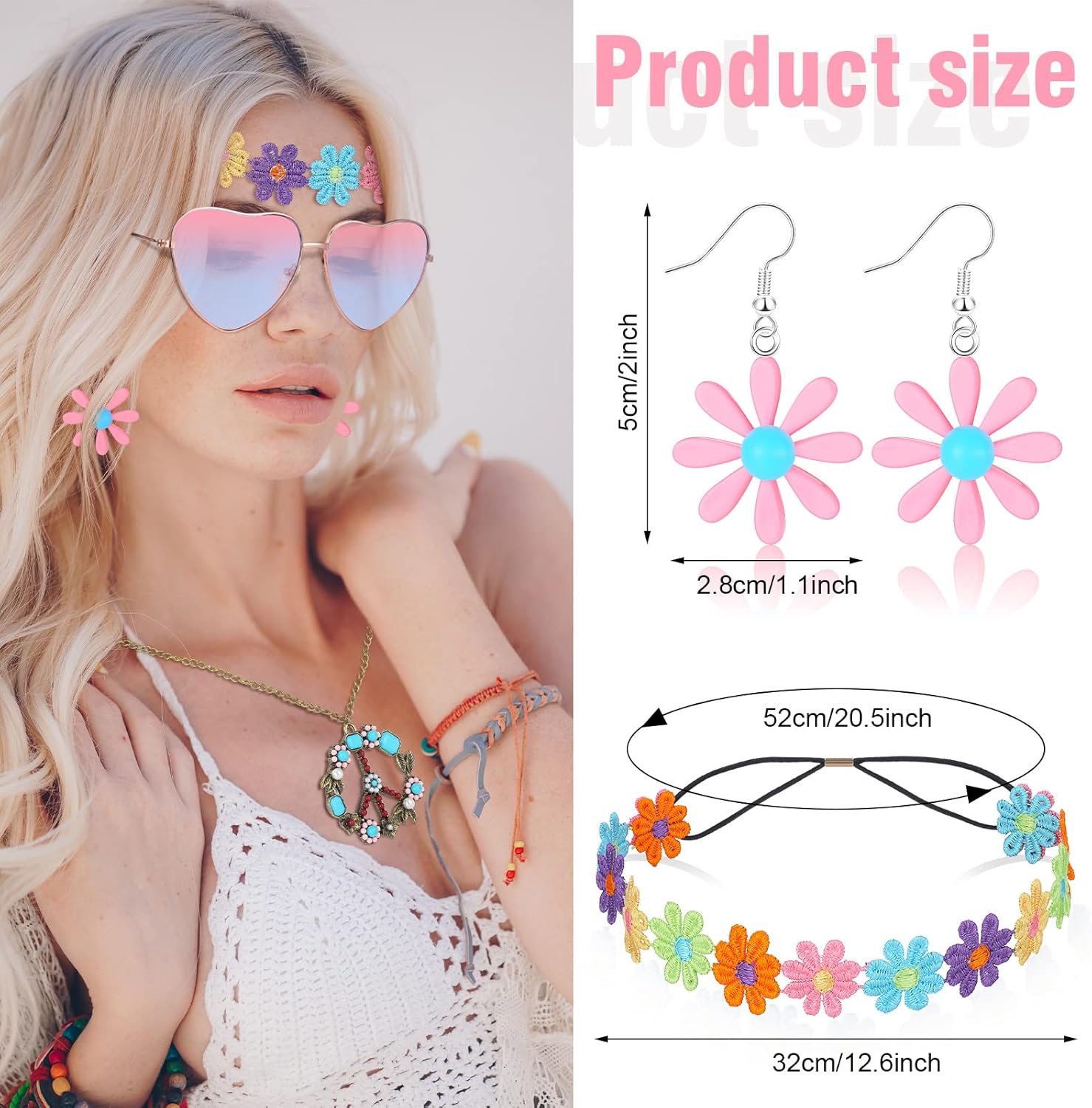 4 Pcs Hippie Costume Accessories Set 70s Peace Sign 60s Outfits for Women Necklace Daisy Earrings Flower Headband Sunglasses - Image 2