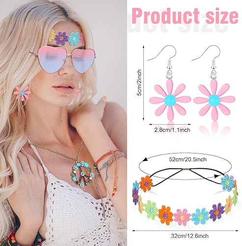 Miniatura 2 de Juego de 4 accesorios de disfraz hippie de los años 70 con signo de paz de los años 60 para mujer, collar, aretes de margarita, diadema de flores