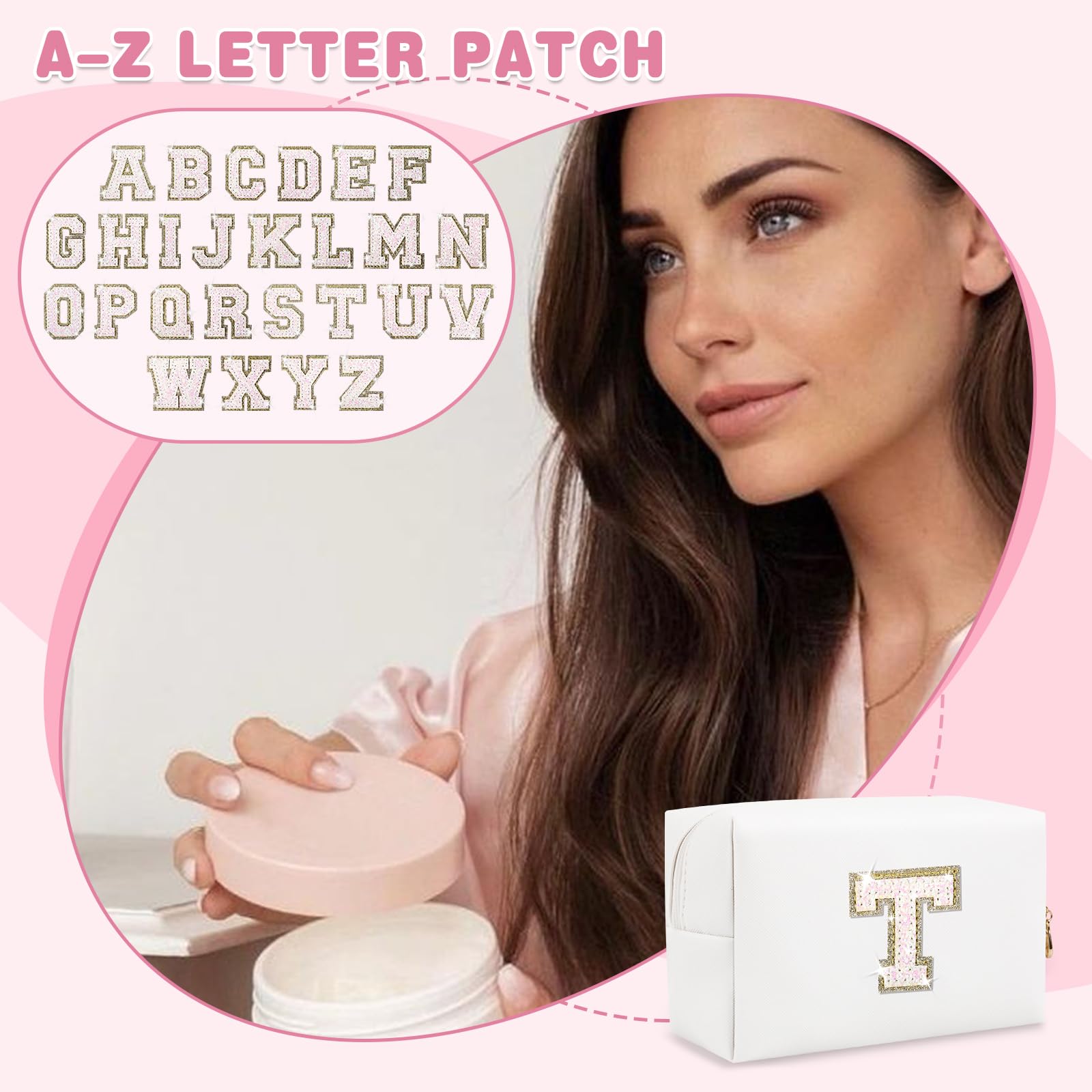 Neceser Personalizado de la A a la Z, Bolsa de Viaje pequeña con Cremallera, Bonita Bolsa de Aseo Blanca, Regalo para niñas y Mujeres cumpleaños, White, T, Preppy, Personalizado