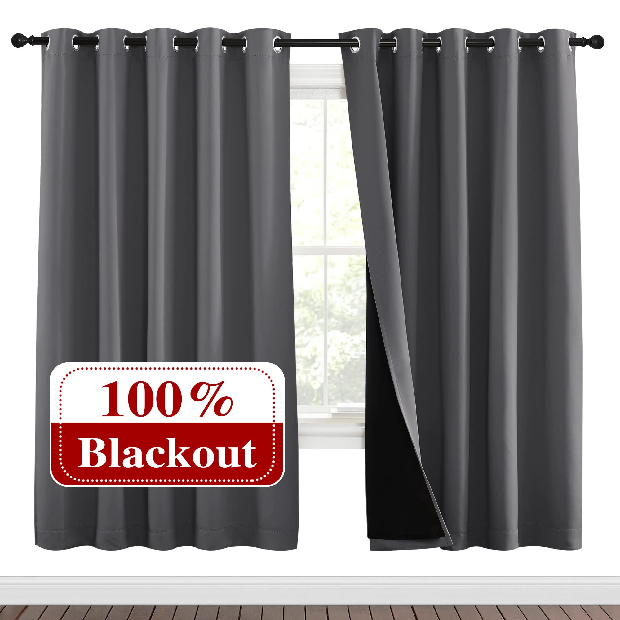 NICETOWN Grey Full Shade Curtain Panels, Pair of Energy Smart &amp; Noise Blocking Out Blackout Drapes for Dining Room Window, Thermal Insulated Guest Room Lined Window Dressing(Gray, 70 x 72 inch)