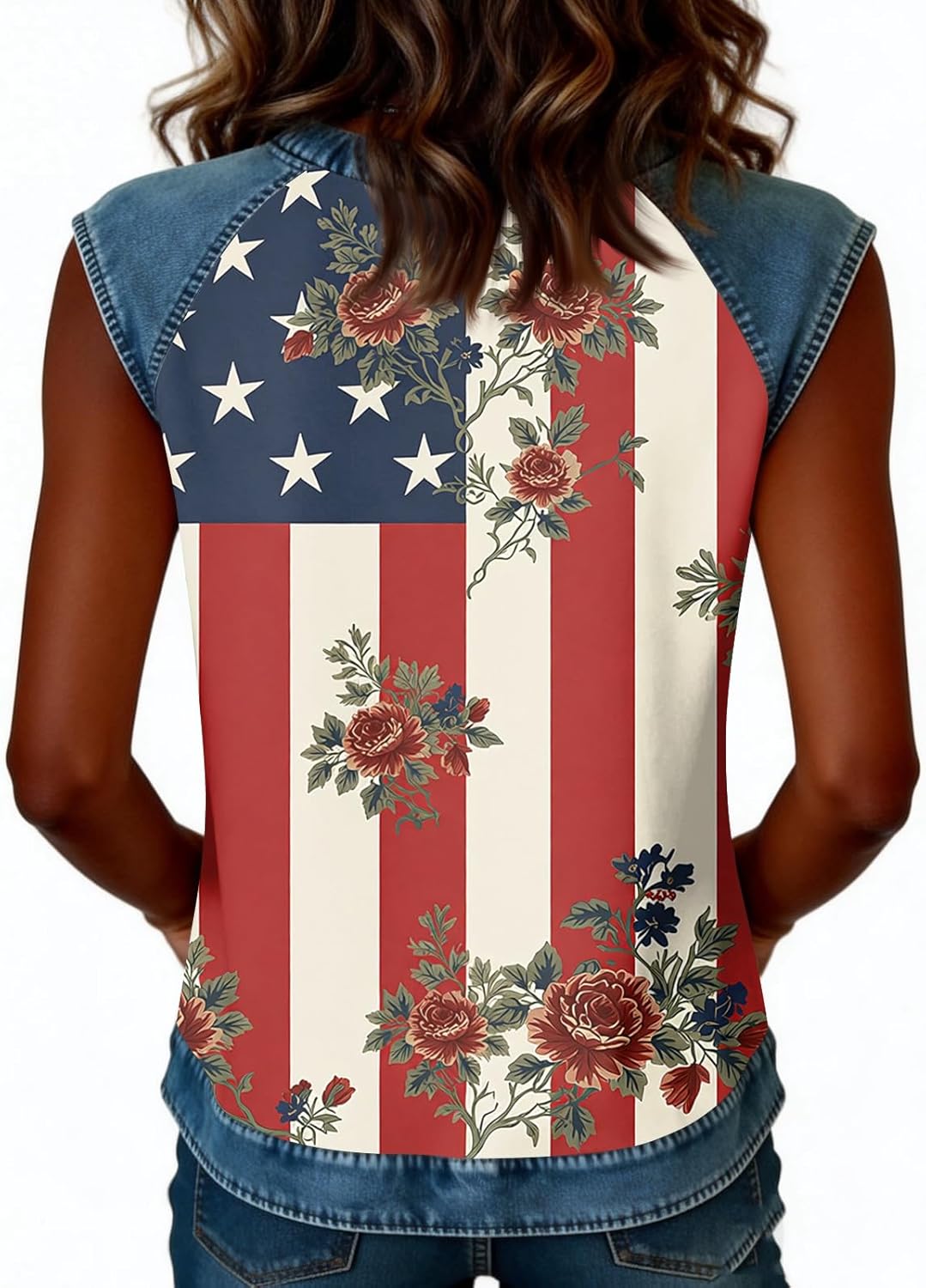 Women 1776-2026 250 Anniversary USA Shirt Sleeveless Patriotic Denim Trim Tank Top America Flag Graphic Tee Shirt