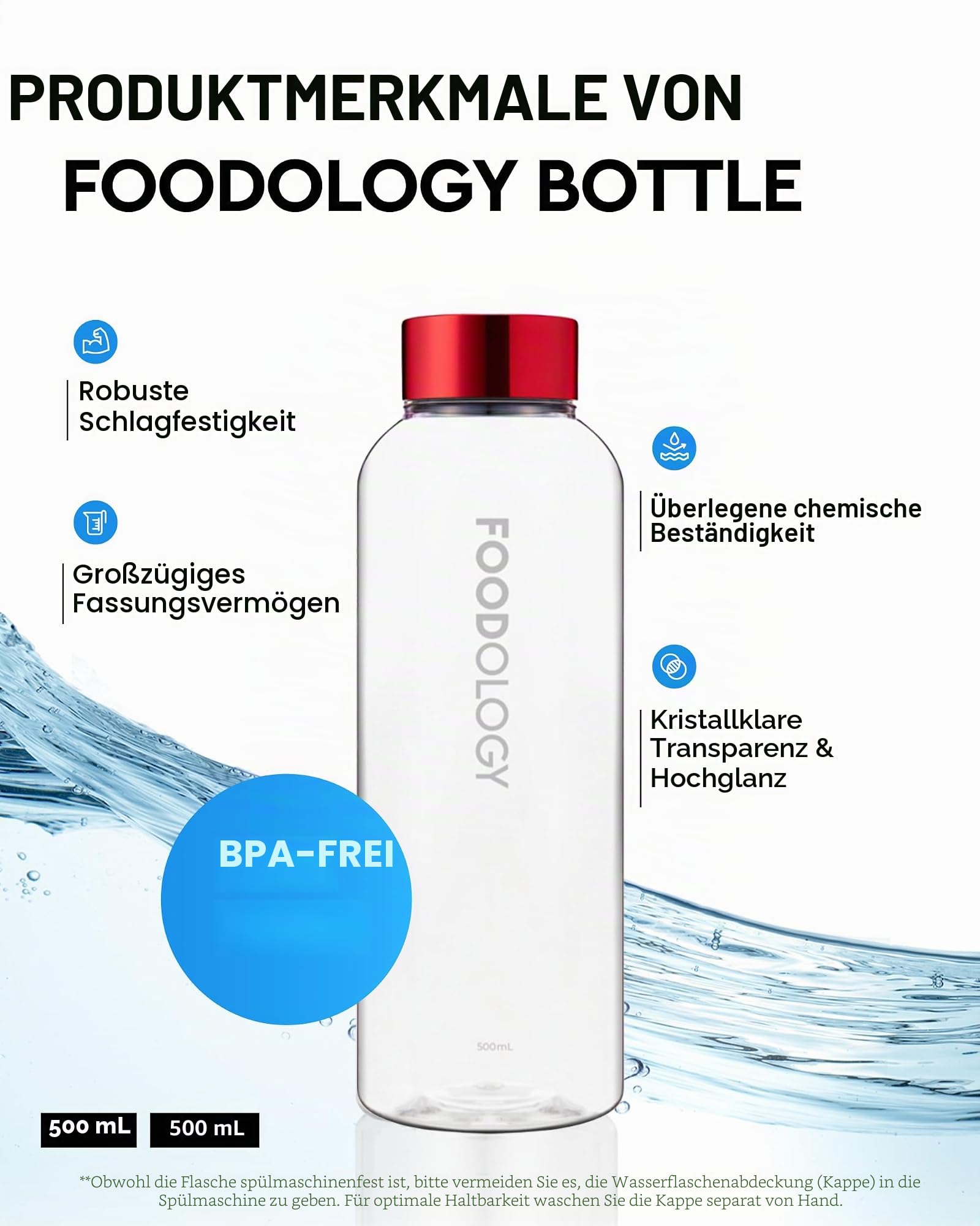 FOODOLOGY Trinkflasche für Getränkemix, auslaufsicher, leicht, langlebig, Sport-Trinkflasche, wiederverwendbar, für Fitnessstudio, Outdoor, Reisen, BPA-frei, transparent, mit Marker