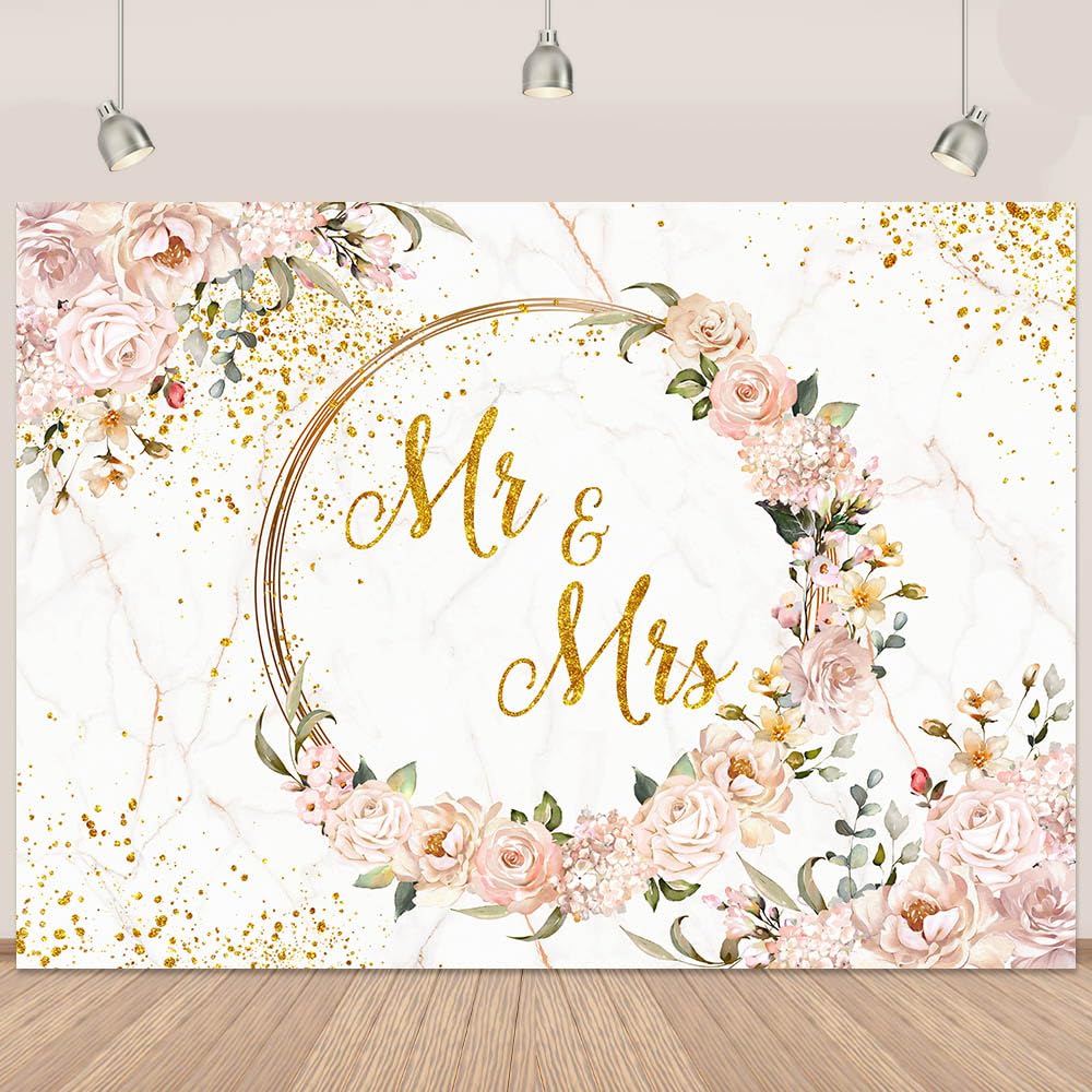 Pink Mr and Mrs Wedding Backdrop for Ceremony Pink Flower Wreath Floral Backdrops for Photography Gold Glitter Bridal Shower Background Romantic