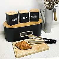 Vista 6 de SOTECH Juego de 3 recipientes de cocina para café, azúcar y té, tarros de metal con tapa de bambú, recipientes cuadrados negros para almacenamiento