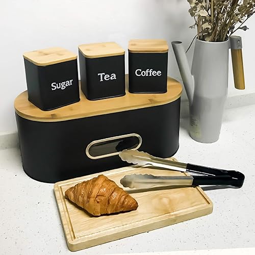 Miniatura 6 de Tarros de aperitivos negros para almacenamiento de alimentos de cocina, juego de 3 recipientes de cocina, tarros de almacenamiento de café, azúcar y