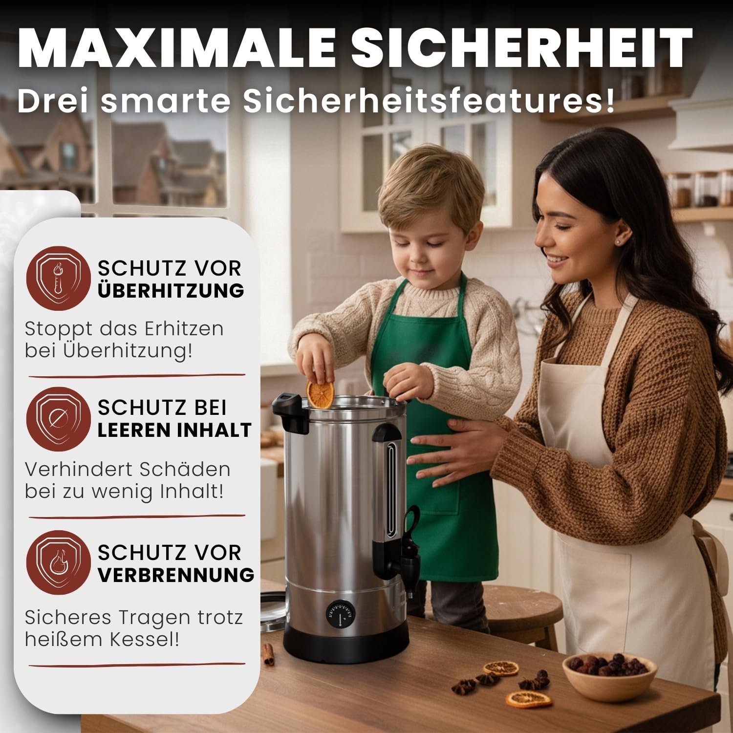 Heimfleiss® Glühweinkocher 10L aus Edelstahl 1500W | Heißwasserspender mit Zapfhahn, Thermostat & Überhitzungsschutz | Heißgetränkeautomat für Glühwein & Punsch | Einkochautomat Glühweintopf mit Hahn