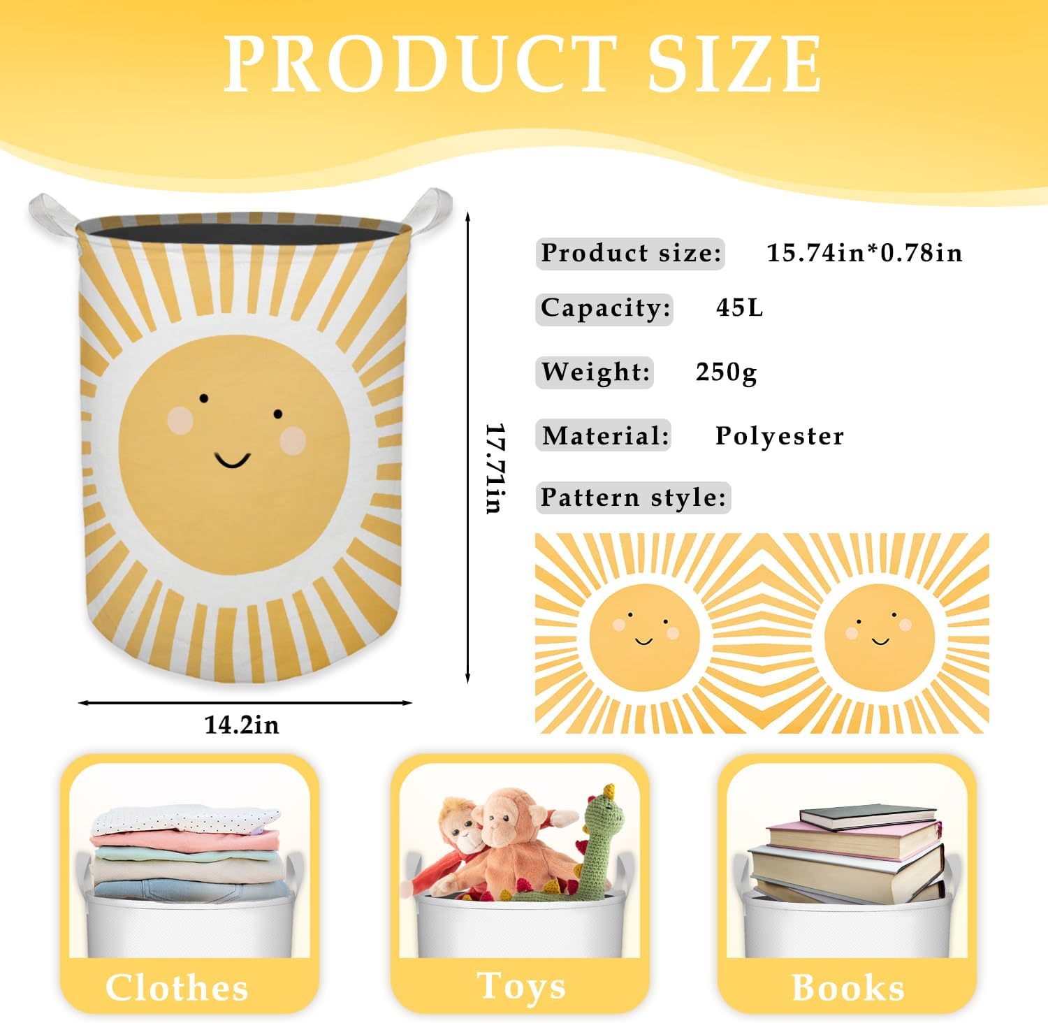Cute Sunshine Laundry Basket, Boho Sunshine Nursery Waterproof Collapsible Laundry Hamper Dirty Clothes Storage Toy Bin Organizer for Toddler Baby Kids Room Bedroom Bathroom College Dorm