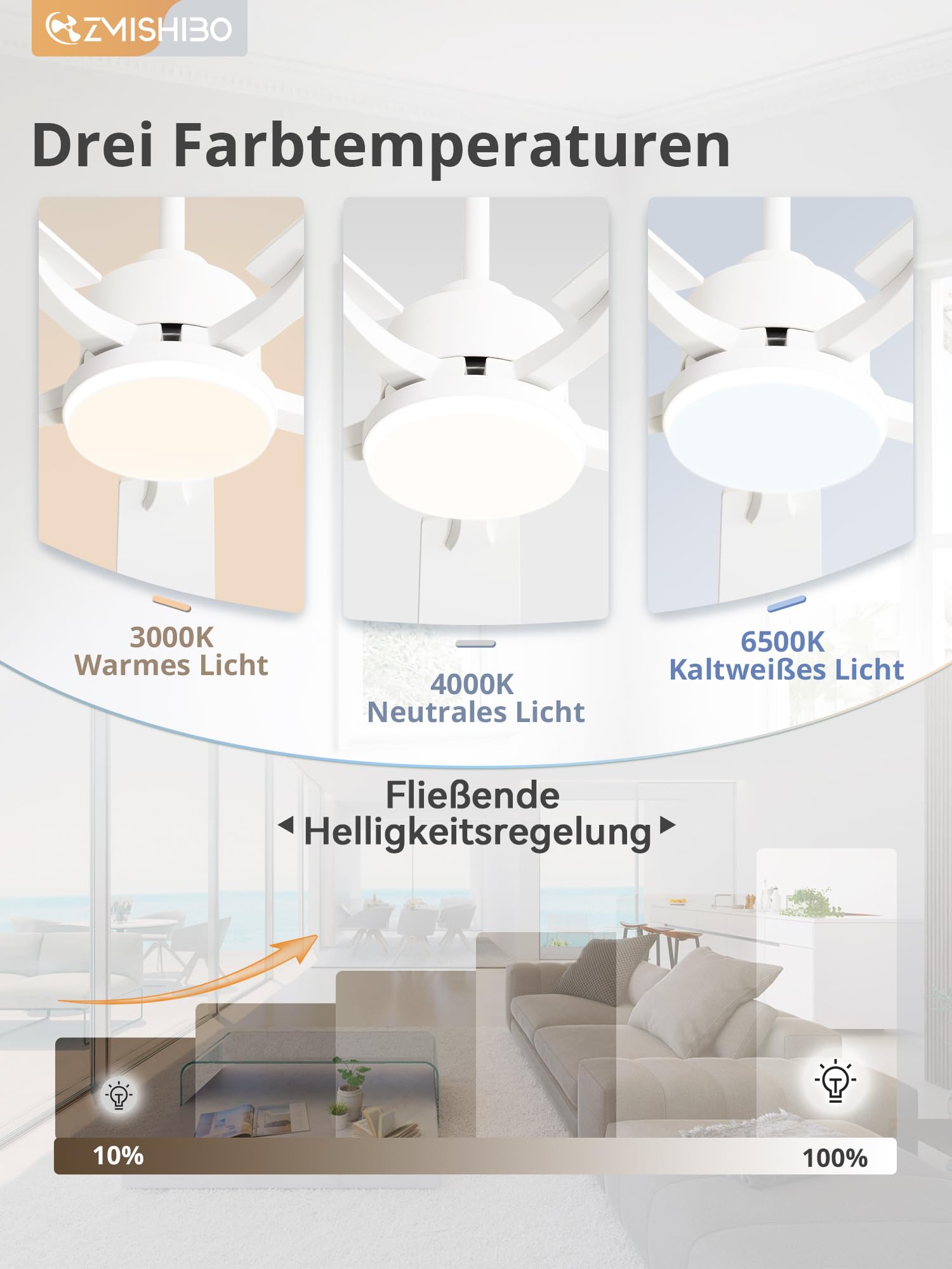 ZMISHIBO Deckenventilator mit Beleuchtung, 132cm Leiser Ventilator mit App- & Fernbedienung, leiser & umkehrbarem DC-Motor, Deckenleuchte mit Ventilator für Schlafzimmer & Wohnzimmer
