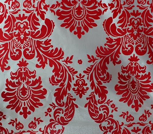 Tela flocada de damasco de tafetán de 58 pulgadas de ancho vendido por The Yard (rojo blanco)