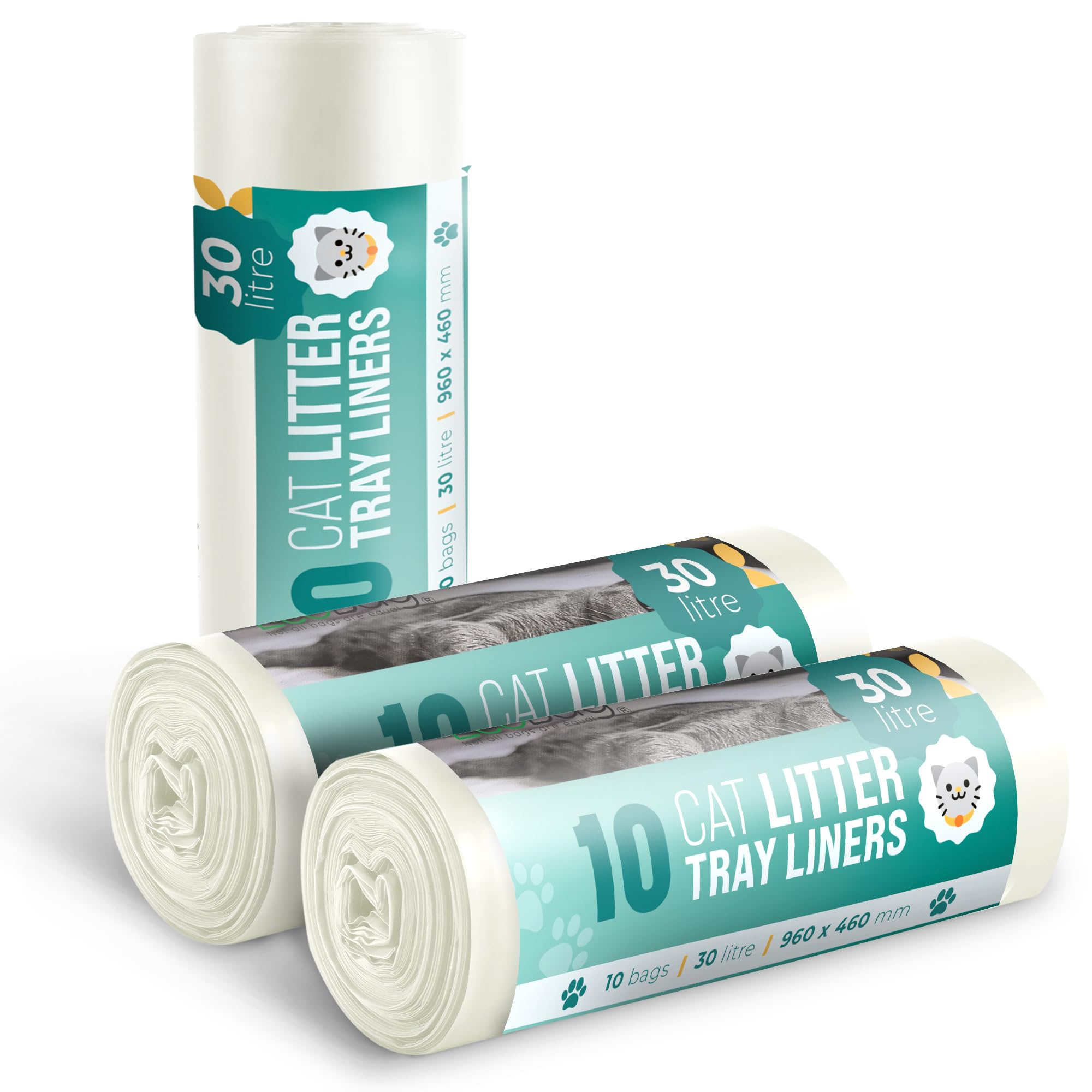Ecobag - 30 Pack Cat Litter Tray Liners - 30L - 27 Microns - Heavy Duty Cat Litter Bags, Recycled Litter Liners, Durable Tray, Eco-Friendly & Easy to Dispose (960 x 460 mm)