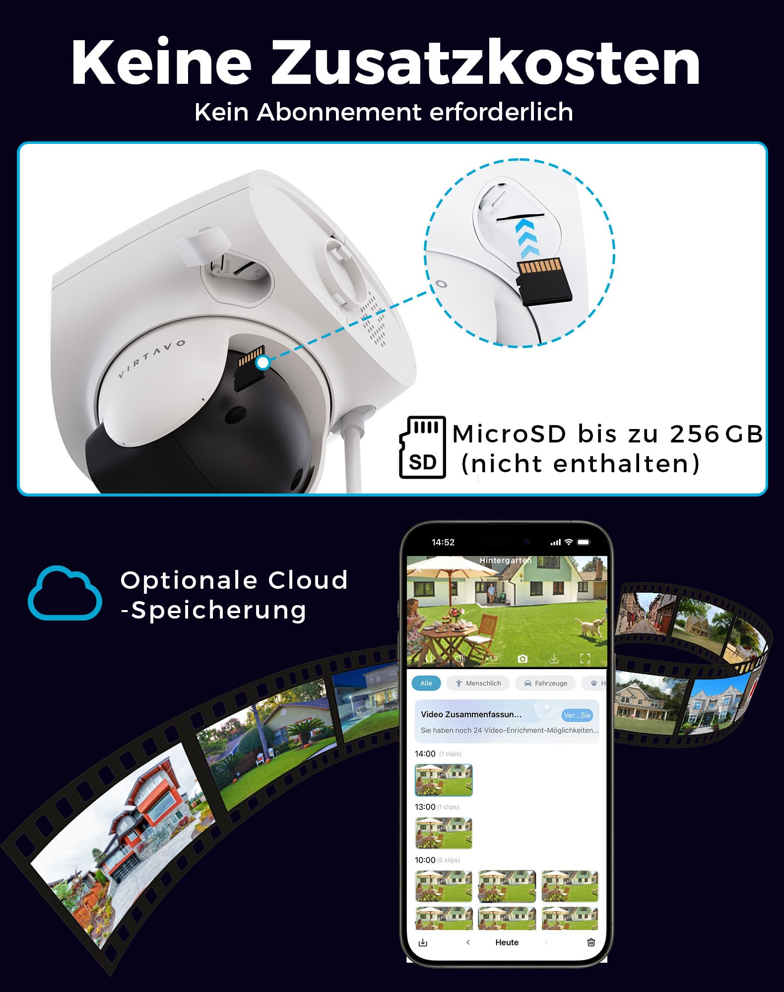 VIRTAVO TL1 WLAN Überwachungskamera Außen, 1080P Triple-Objektiv, 160° Panorama + 360° PTZ, Farb-Nachtsicht mit Starlight, KI-Personenerkennung, 2-Wege-Audio, IP66, Ohne ABO-Pflicht