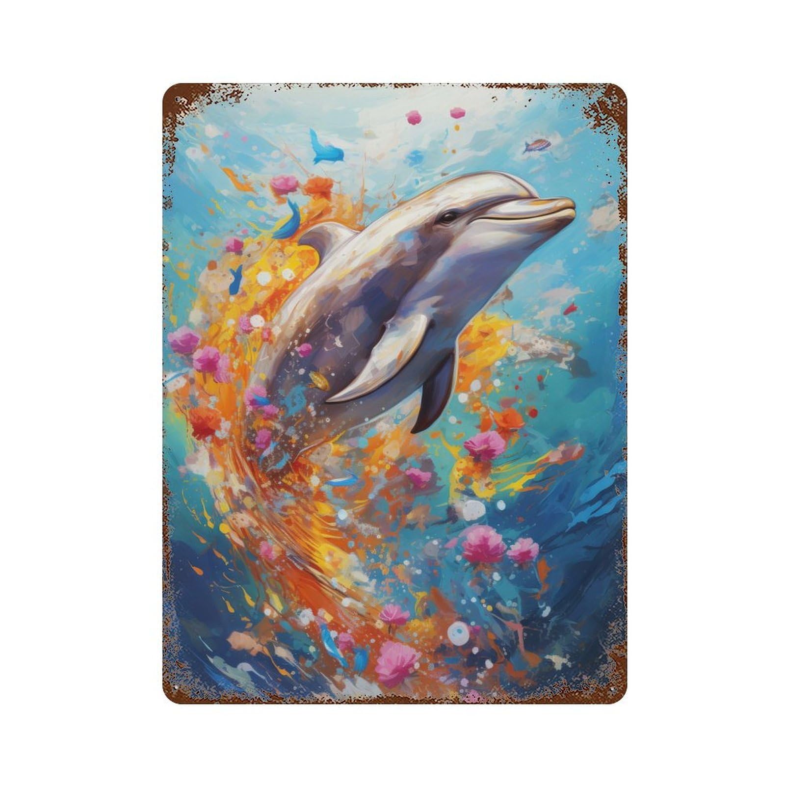 Dolphin Swimming in Paint Decorative Tin Sign 15.7"x11.8", Retro Wall Decor for Living Room, Hallway And Home Decor