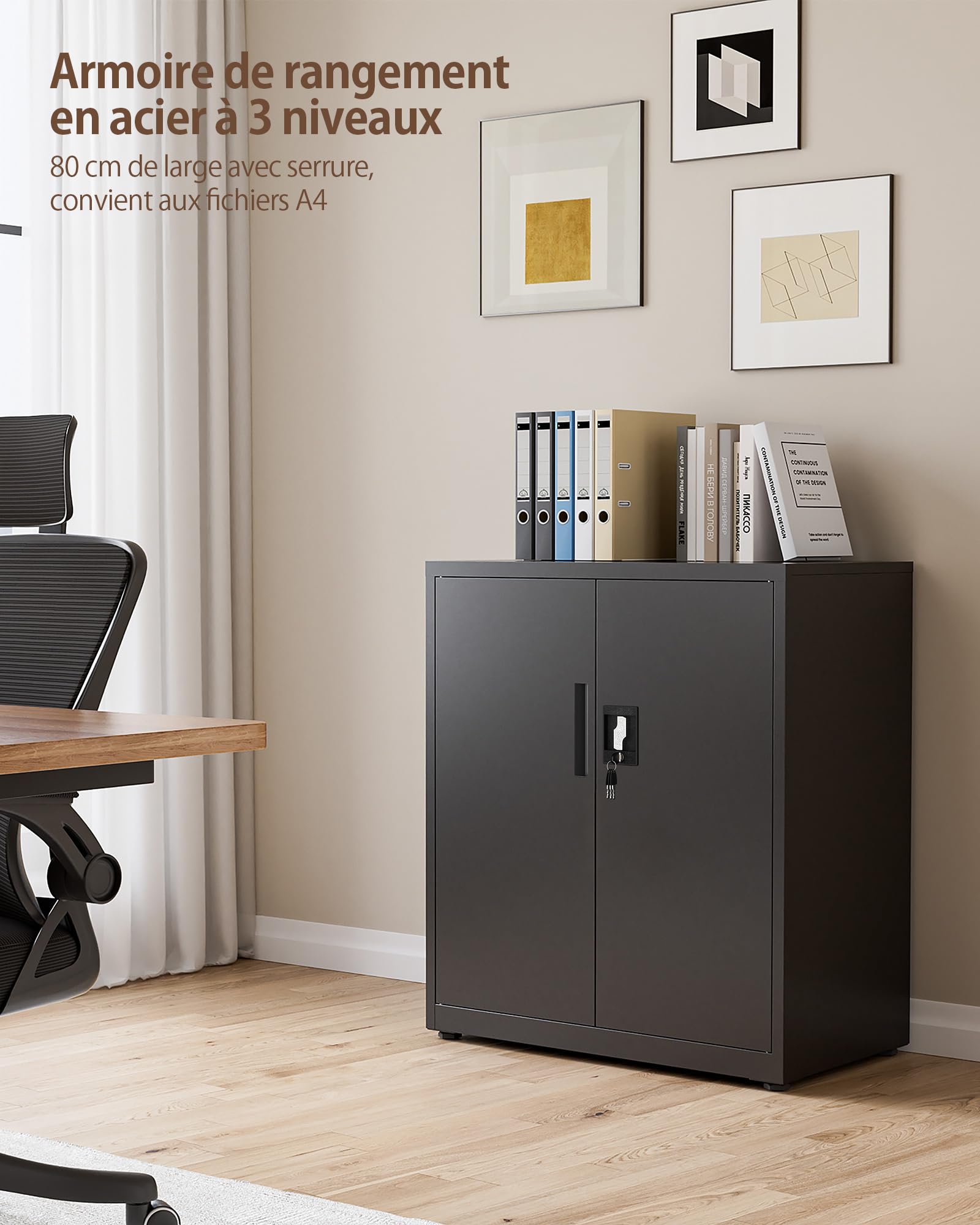 LAND·VOI Armoire en Acier 3 Niveaux avec Serrure Étagères Réglables Portes Battantes Armoire de Bureau Rangement Métallique pour Bureau Garage Cuisine Atelier 80×40×91.5 cm Noir