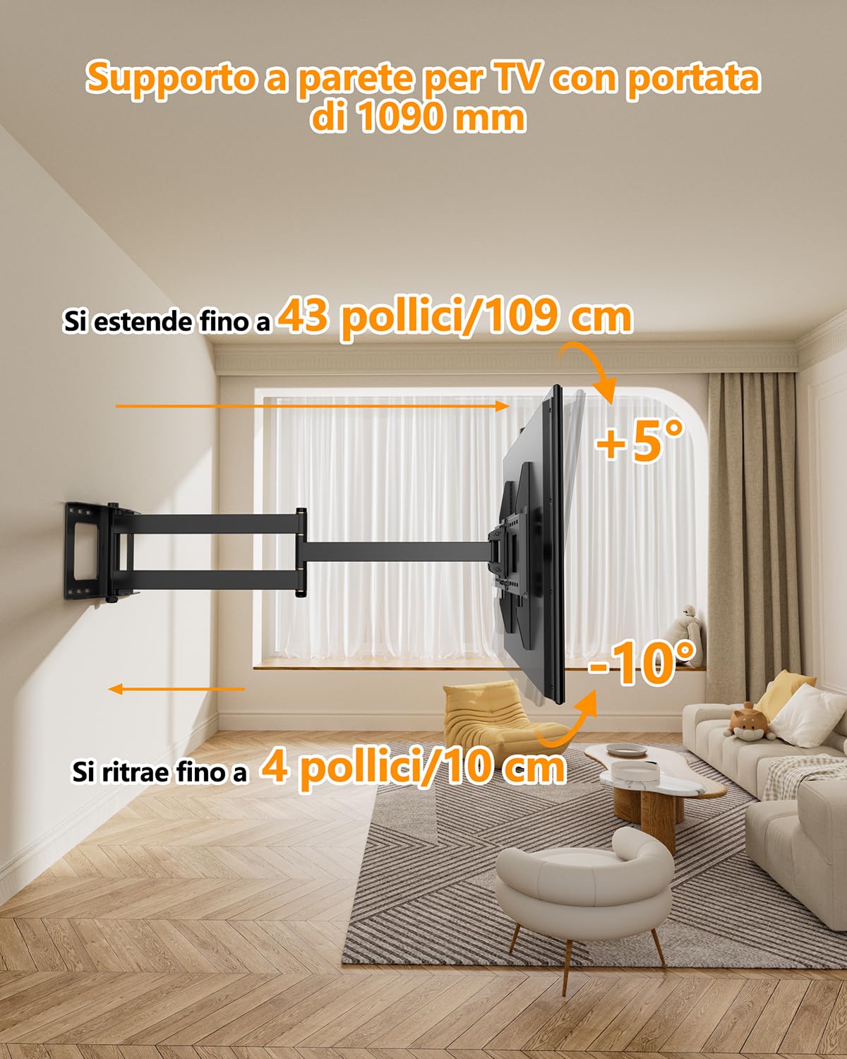 FORGING MOUNT Supporto a Parete per TV con Braccio Articolato Extra Lungo 1090 mm per Schermi TV Piatti/Curvi da 37-80 Pollici, Inclinabile, Rotabile, Max VESA 600x400mm, Portata 50KG