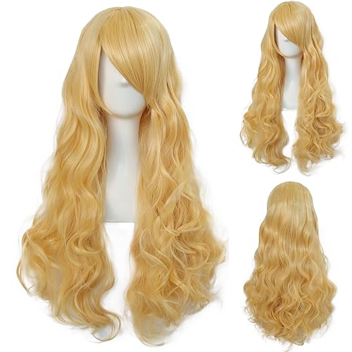 ANOGOL Gorro de pelo + 31.5 in32 pulgadas, peluca amarilla rizada para anime, cosplay, mujer, peluca larga rubia con flequillo, cabello amarillo