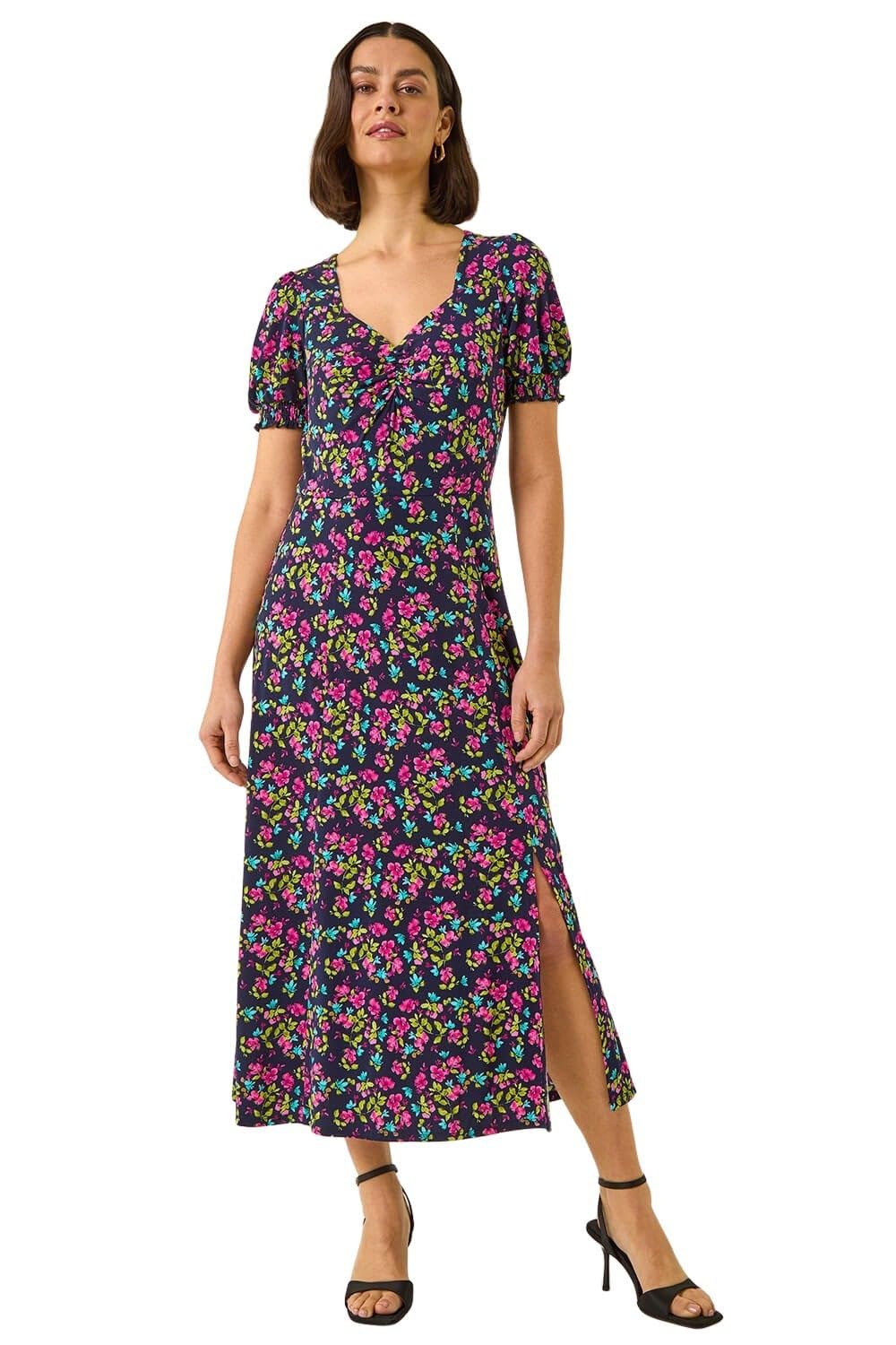Roman Women's Mid Navy Floral Print Ruched Stretch Midi Dress In | : Size 16