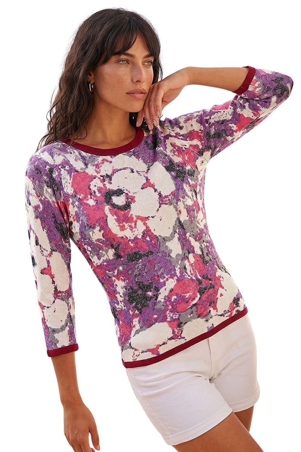 Roman Women's Multicolor Floral Metallic Knit Top | : Size 20