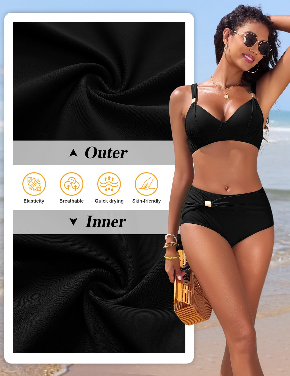 Nadeer Traje de Baño para Mujer Push Up Sexy Elegante Cuello en V Dos Piezas Conjuntos de Bikini Metal Dorado Control de Vientre de Cintura Alta Bañador de Playa