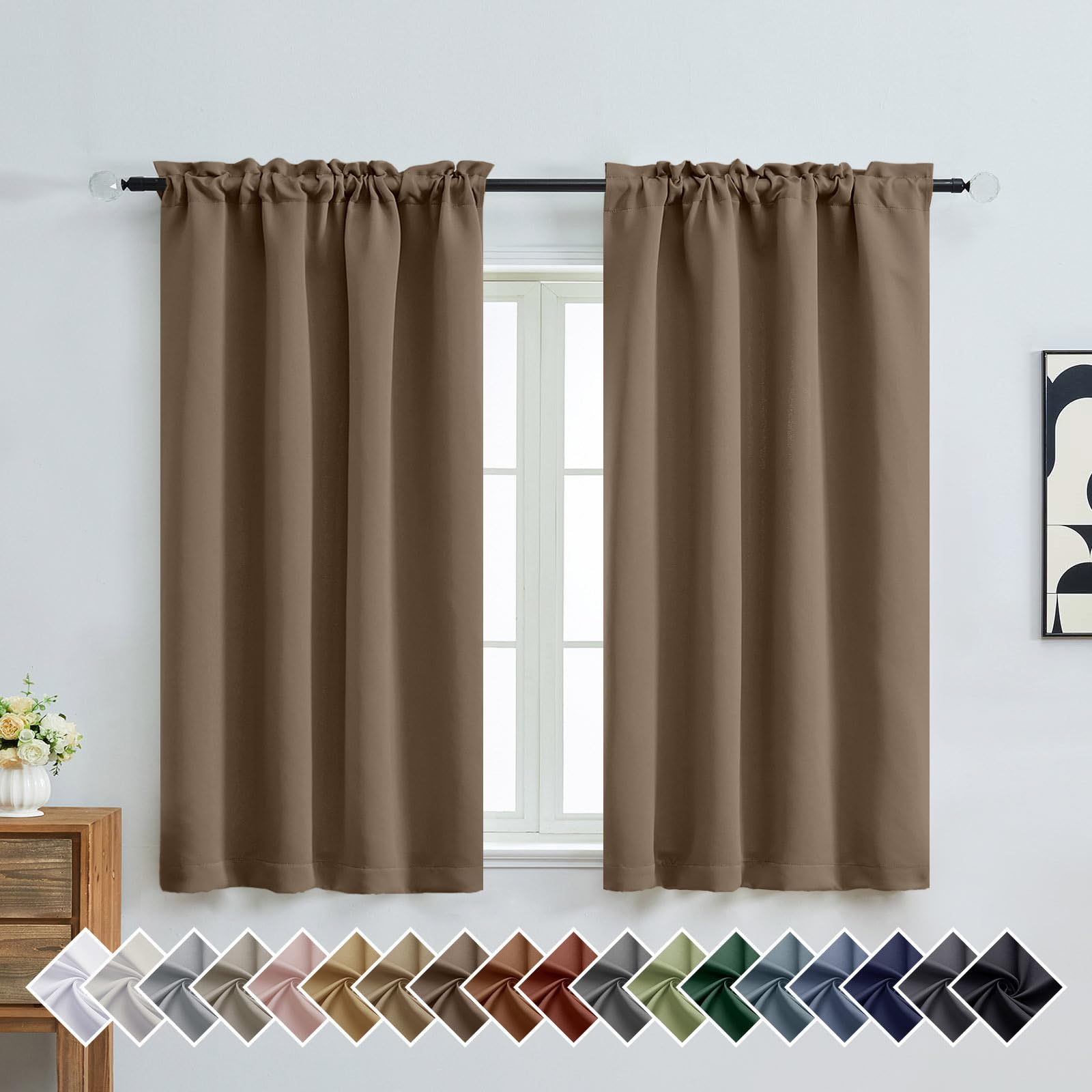 OVZME Brown Short Blackout Curtains for Bedroom 54 Inches Long 2 Panels, Modern Window Treatment Solid Thermal Insulated Curtains for Living Room, Dual Rod Pocket Blackout Drapes, 2x40Wx54L Inches