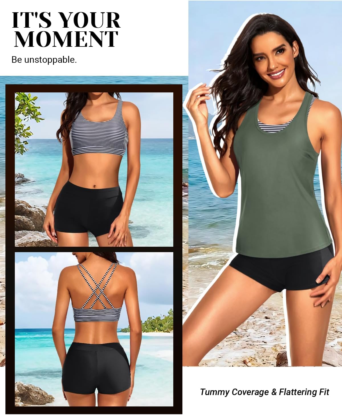 Tempt Me 3 Piece Tankini Swimsuits for Women Athletic Bathing Suits Swim Tank Top with Boy Shorts and Bra Modest Swimwear