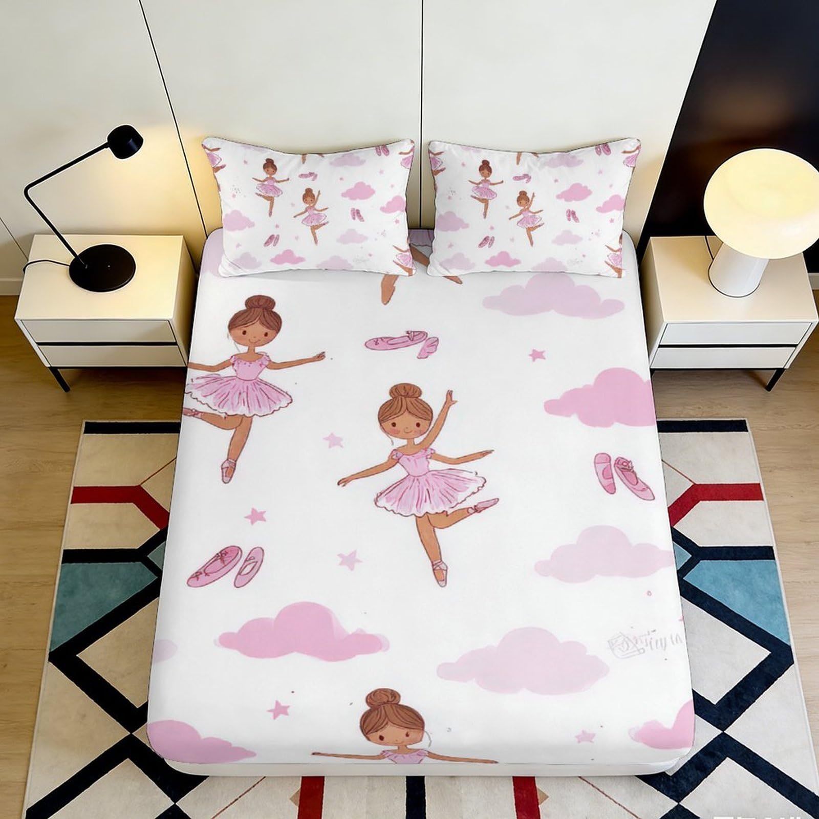 3D Printed Ballerina Pink Clouds Fitted Sheet Microfiber Soft Bed Cover for Bedroom Dorm Mattress Decor 120x200cm 90x200x25cm