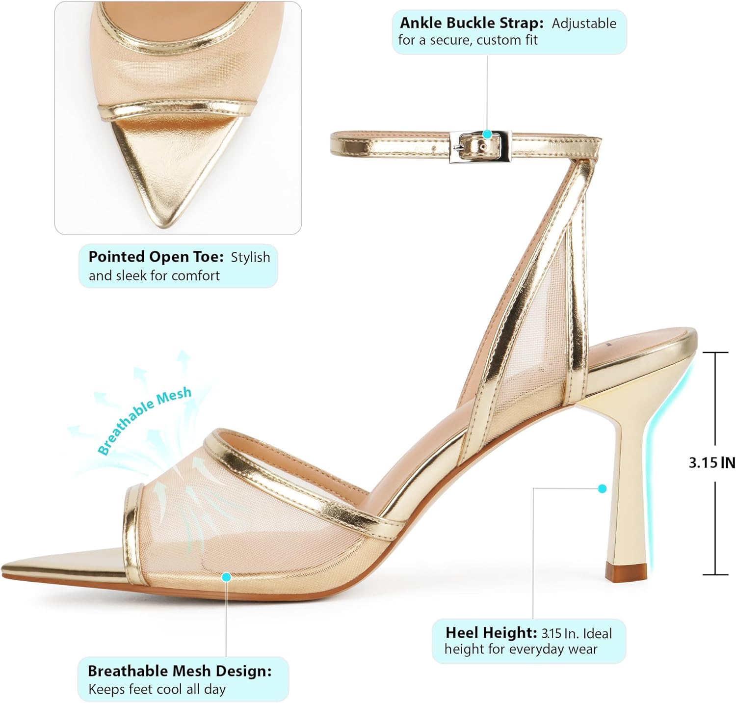 Mesh High Heels Womens Strappy Sandals Wedding Bride Dressy Shoes Pointed Toe Ankle Strap Sandals - Image 6
