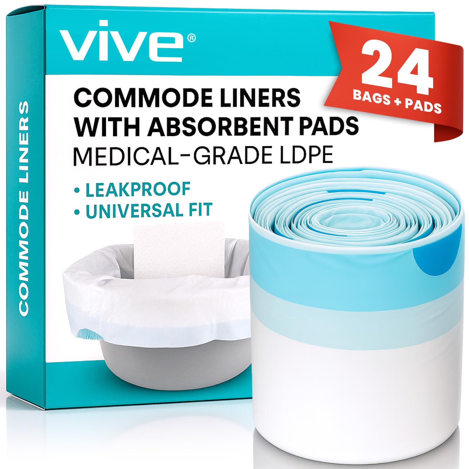 Vive Commode Liners with Absorbent Pad (24 Pack) - Disposable Replacement Bag - Fits Standard Adult Bariatric Bedside Commode Pail and Folding, Portable Toilet Chair - Absorbing Sheet Aid - Universal