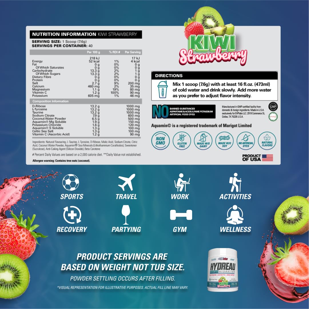 EHP Labs Hydreau Electrolytes Poudre sans sucre – Poudre d'hydratation pour endurance et énergie – Poudre d'électrolytes pour homme et femme – Électrolytes sans sucre – Fraise kiwi (40 portions)