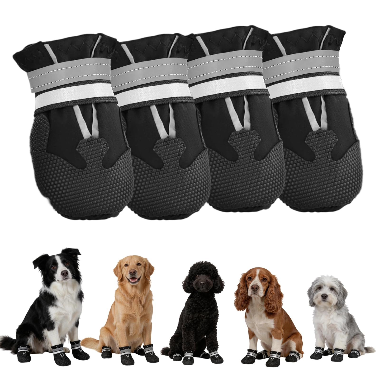 2 pairs Dog Boots Paw Protector, Waterproof Dog Shoes with Reflective Straps, Adjustable Washable Non-Slip (L)